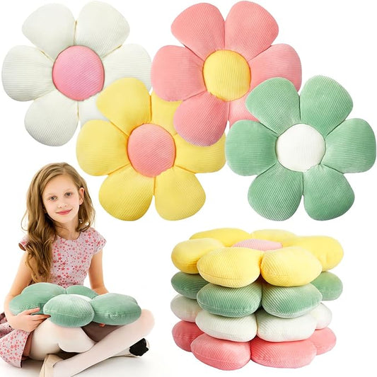 Reginary 4 Pcs Flower Floor Pillows Cute Plush Flower Throw Pillows Daisy Floor Seat Cushion Chair Pads for Back to School First Day of School for Sofa Couch Bed Decor(15 Inch,Light Color) - Bloomnest