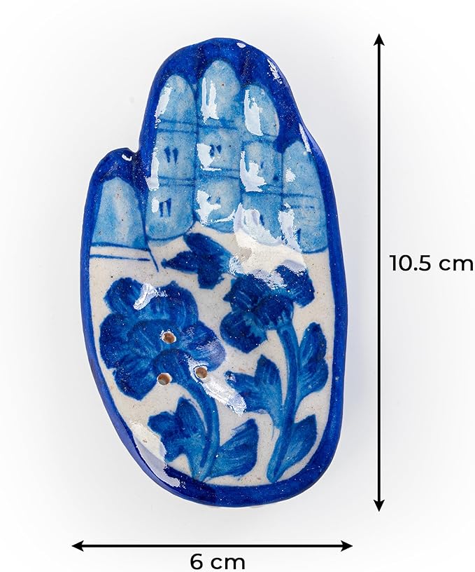 Blue Pottery Agarbatti Stand Ceramic Humsa Hand Handicrafted HandShape Design Incense Holder Decorative Accessory for Home Office and Gifting (White and Blue Design-1) - Bloomnest