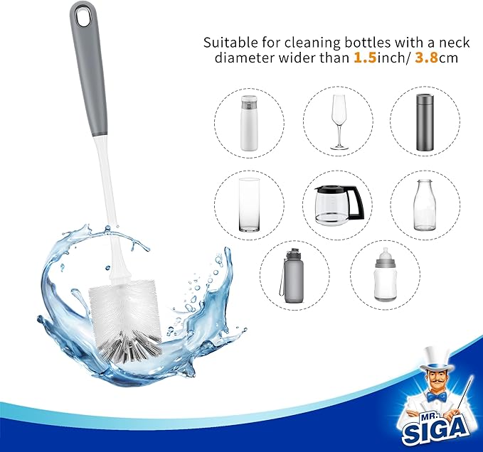 MR.SIGA Long Handle Bottle Brush, Flexible Scrub Brush for Water Bottles, Glasswares, Mugs, Gray, 2 Pack - Bloomnest