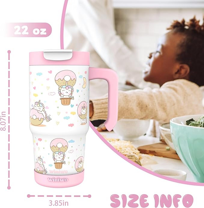 22 oz Tumbler with Handle for Kids, Easy to Hold, Spill-proof, Insulated Cups with Sip/Swig 2-in-1 Lid, Fit Most Car Cup Holders,School, Home,travel,Pink Unicorn - Bloomnest