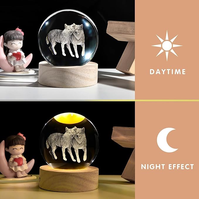 3D Wolf Crystal Ball with LED Light Base, 60mm Glass Sphere Decorative Balls, Wolf Figurine Lamp Gifts for Women Kids - Bloomnest