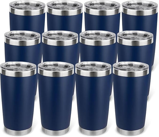 20oz Stainless Steel Tumbler Bulk with Lid, Travel Mug - Double Wall Vacuum Powder Coated Cup - Navy Blue, 12 Pack - Bloomnest
