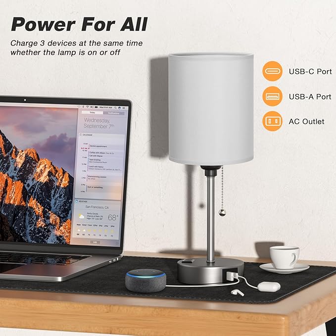Grey Bedroom Lamp for Nightstand - 3 Color Temperature Table Lamp with USB C and A Ports, Pull Chain Bedside Lamp with AC Outlet, Desk Lamp with Silver Metal Base for Kids Girls - Bloomnest