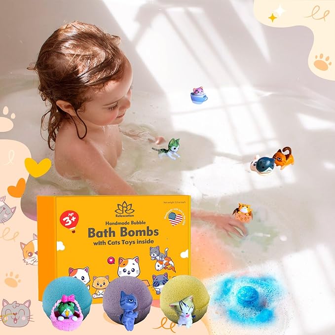 Made in USA 6 Organic Bath Bombs for Kids Set with Cat Toys Surprise Inside for Kids - Surprise Cute Cats Inside Each Fizzy Bath Ball - Natural and Safe for Girls, Boys, Teens - Perfect for Gift - Bloomnest