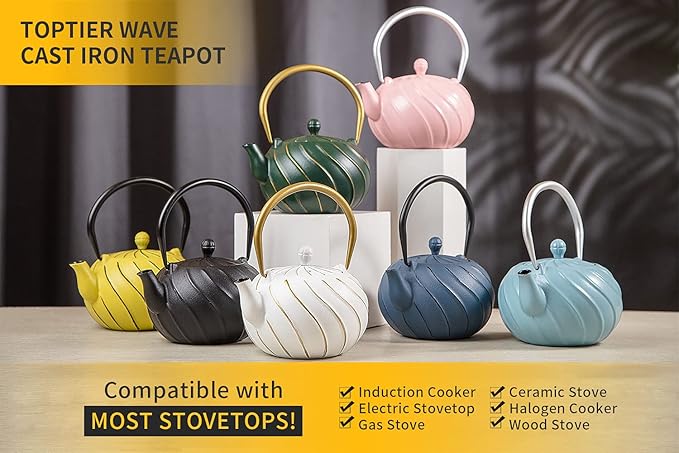 Tea Kettle, TOPTIER Japanese Cast Iron Teapot with Infuser, Cast Iron Tea Kettle Stovetop Safe, Wave Design Teapot Coated with Enameled Interior for 30 Ounce (900 ml), Midnight Black - Bloomnest