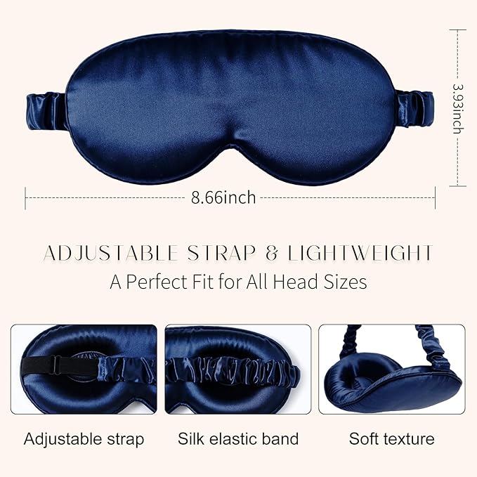100% 22 Momme Mulberry Silk Sleep Mask, Eye Cover for Sleeping, Blackout 3D Sleep Masks for Lash Extensions with Adjustable Strap for Men and Women (Navy Blue) - Bloomnest