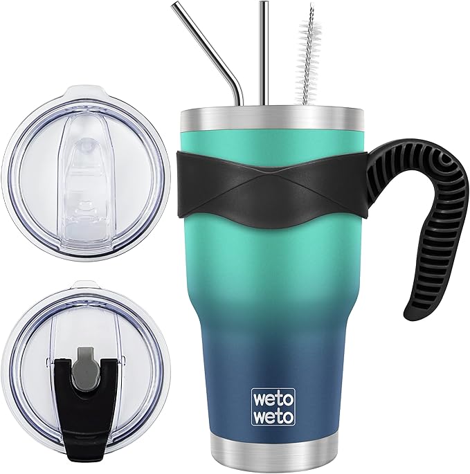 WETOWETO 30 oz Tumbler with 2 Straws and 2 Lids, Stainless Steel Insulated Vacuum Coffee Tumbler Cup, Double Wall Leakproof Travel Mug (Green-Blue Gradient, 1 Pack)