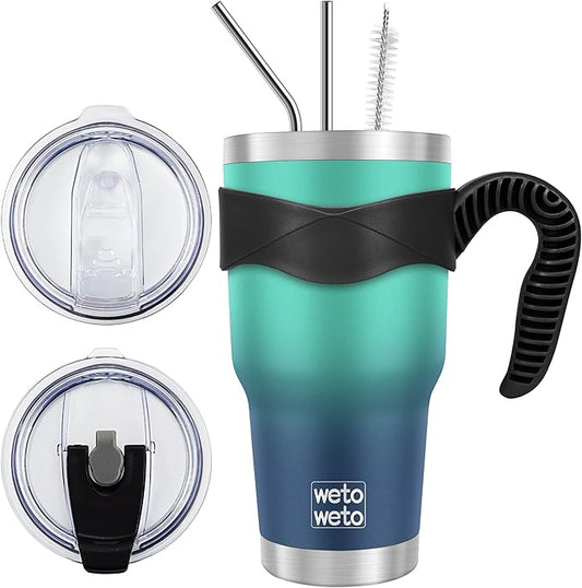 WETOWETO 30 oz Tumbler with 2 Straws and 2 Lids, Stainless Steel Insulated Vacuum Coffee Tumbler Cup, Double Wall Leakproof Travel Mug (Green-Blue Gradient, 1 Pack)