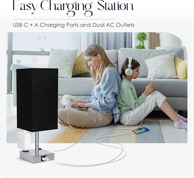Bedside Lamp with USB Ports - Touch Control Table Lamp for Bedroom with USB C+A Charging Ports & AC Outlets, 3 Way Dimmable Nightstand Light for Living Room (Bulb Included, Black) - Bloomnest