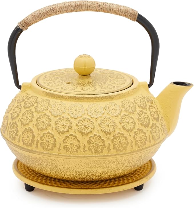 Juvale Japanese Cast Iron Teapot - Stainless-Steel Infuser & Loose Leaf Tea Pot - Superior Heat Retention Cast Iron Kettle - Elegant Floral Trivet For Home Tea Set - 800 ml, Yellow - Bloomnest