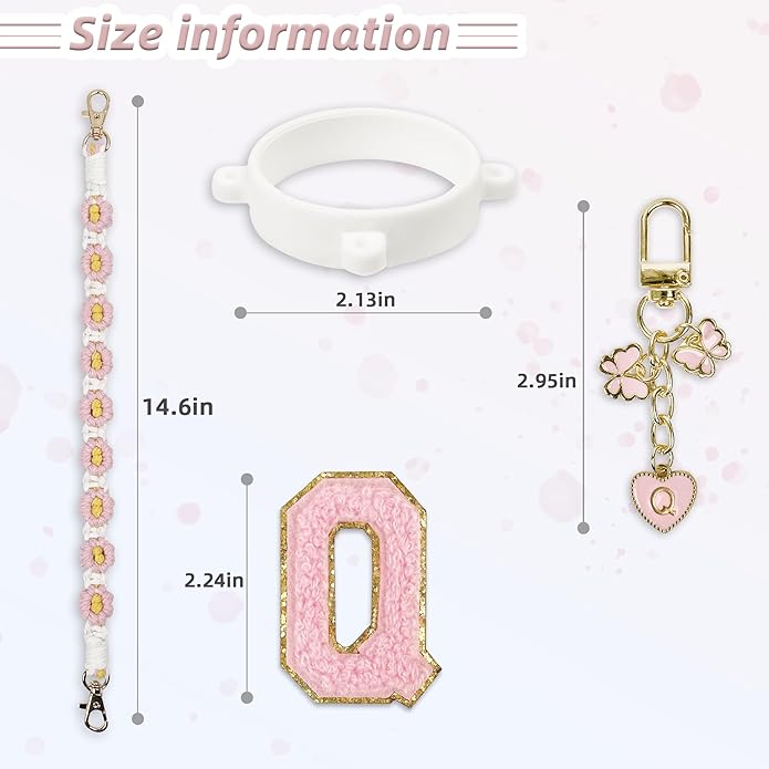 Compatible with Owala Water Bottle Accessories, Cute Letter Charm Set with Boho Handle Strap, Monogram Sticker, Silicone Ring, Keychain Decoration, for FreeSip 24 32 40oz, Owala Kids, Tumbler Gift SITKOL