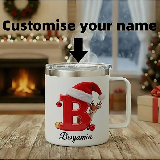 Personalized Christmas Mug | Custom Reindeer Initial Insulated Coffee Cup with Handle & Lid | 12oz Holiday Tumbler, Cute Stocking Stuffer Gift for Kids & Family (B19) - Bloomnest