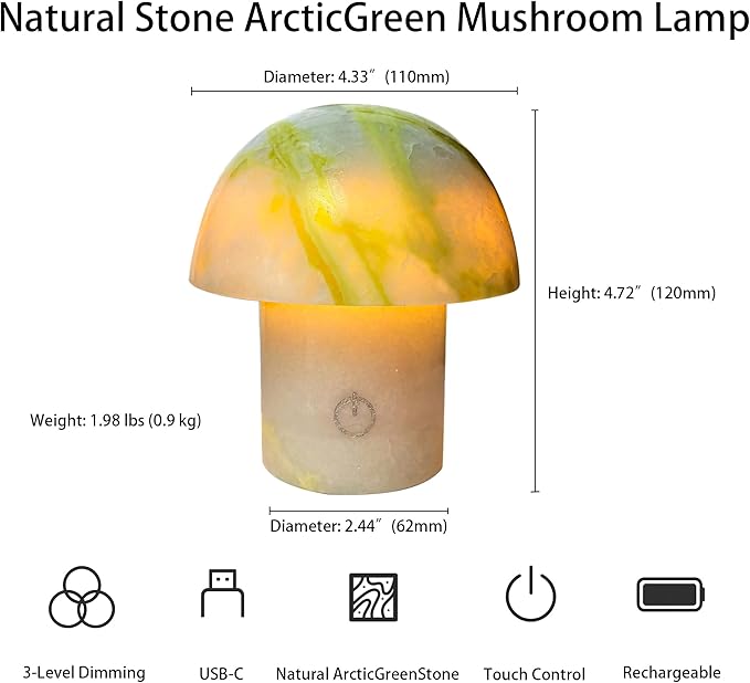 Arctic Green Gemstone Mushroom Lamp - Natural Luxury Stone Night Light with LED, Touch Control 3 Brightness, USB Rechargeable Bedside Decor Gift - Bloomnest