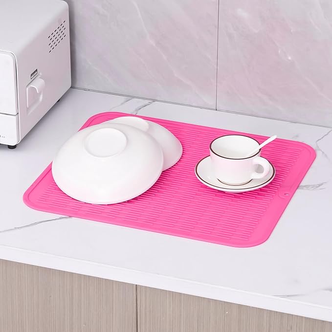 Silicone Dish Drying Mat for Multiple Usage,Easy clean,Eco-friendly,Heat-resistant Silicone Mat for Kitchen Counter or Sink,Refrigerator or Drawer Liner Rose XL 18 inches x 16 inches - Bloomnest