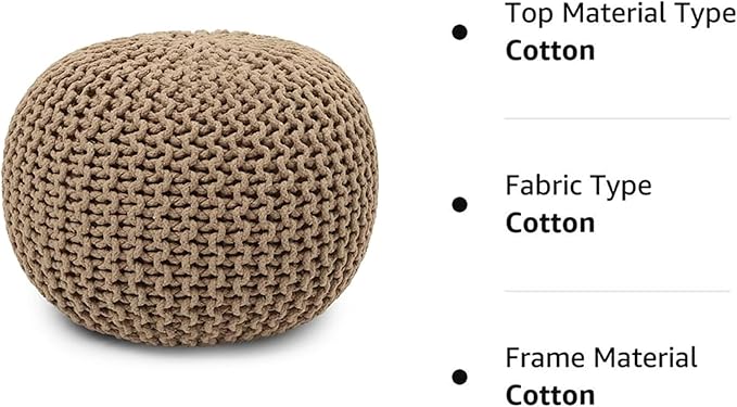 REDEARTH Round Pouf Ottoman - Hand Knitted Cable Boho Poof Home Décor Pouffe Circular Footrest for Living Room - Bedroom - Lounge - 100% Cotton (19.5"x19.5"x14") - Beige - Bloomnest