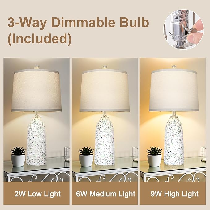 22.5" Faux Stone Table Lamps Set of 2, Farmhouse Lamps for Bedroom with Linen Shade, Rotary Switch Bedside Lamps with 3-Way Dimmable Bulb for Living Room Nightstand Home Decor(Bulb Included) - Bloomnest