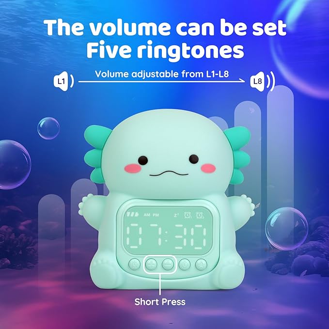 Axolotl Alarm Clock with Night Light for Kids, Rechargeable Silicone Lamp Time to Wake Clock Cute Animal Tabletop Lamp, Perfect Sleep Companion for Boys Girls, Green - Bloomnest