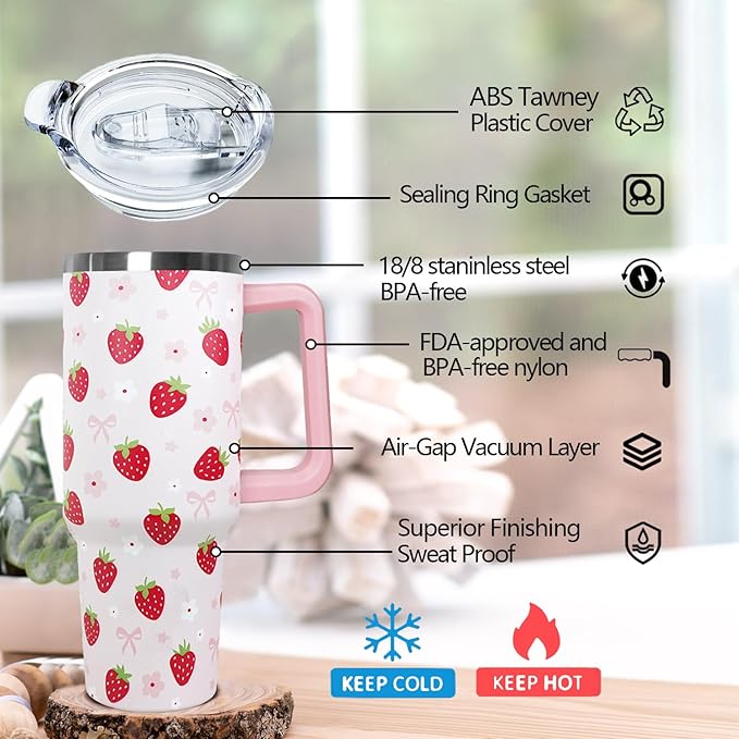 Ceovfoi 40oz Strawberry Tumbler With Handle Lid and Straw,Strawberry Floral Coffee Mug Cup Water Bottles,Strawberry Themed Gifts for Women,Strawberry Decor Stuff Accessories - Bloomnest