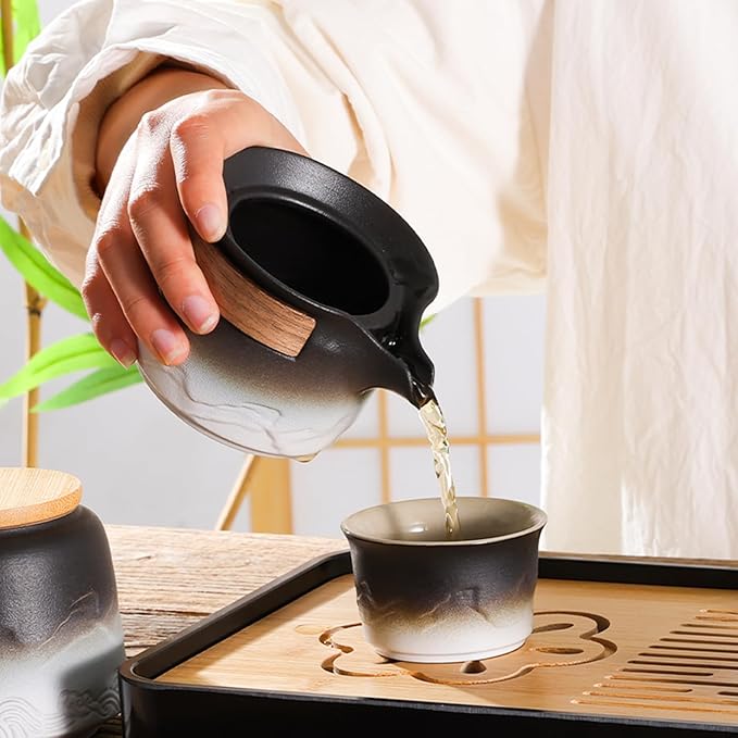 LURRIER Gongfu tea sets, Portable Ceramic TeaSet, Asian Tea sets for adult, Tea Gift sets, Grey leather case, Portable Travel Bag,Home,Gifting,Outdoor and Office(XBlack and White) - Bloomnest