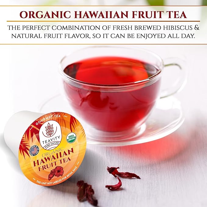 Organic Hibiscus Sabdariffa Tea Pods with Peach, Mango, & Passionfruit - Naturally Decaf Tea - Hawaiian Fruit Tea by Teavity (24 Tea Pods) - Bloomnest