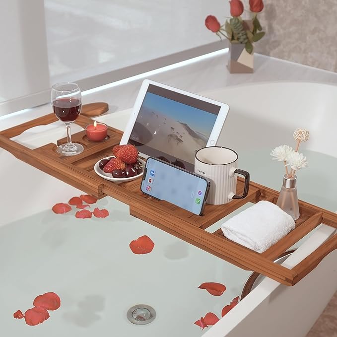 VaeFae Premium Teak Bathtub Tray, Expandable Wooden Bath Tray for Tub, Luxury Bathtub & Bathroom Accessories, Great House Warming, Anniversary & Wedding and Birthday Gifts (Free Teak Body Brush) - Bloomnest