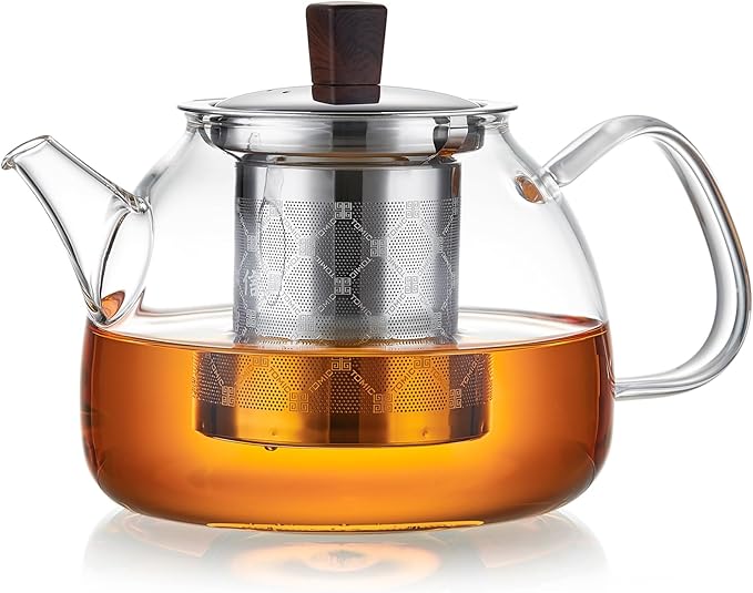 34OZ/1000ml Glass Teapot with Stainless Steel Infuser, Drip-Free Spout, and Wooden Knob Lid – Stovetop Safe Borosilicate Tea Kettle for Loose Leaf and Herbal Tea Brewing - Bloomnest