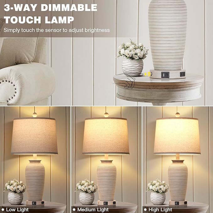 25" Farmhouse Jar Table Lamps Set of 2, 3 Way Touch Control Rustic Bedside Lamps with USB A+C Ports & AC Outlet, Pot Nightstand Lamps for Bedroom Living Room (LED Bulbs Included) - Bloomnest