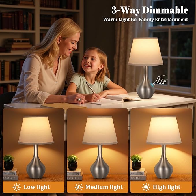 Seealle Touch Table Lamps for Bedroom Set of 2,3-Way Dimmable Small Bedside Lamps for Night Stands with Wires, Silver Desk Lamps for Kids Room,Office,Living Room, End Table(LED Bulbs Included) - Bloomnest