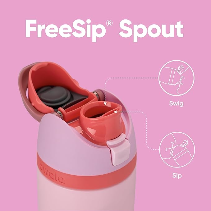 Owala FreeSip Insulated Stainless Steel Water Bottle with Straw for Sports and Travel, BPA-Free Sports Water Bottle, 24 oz, Pink, Angel Food Cake Owala