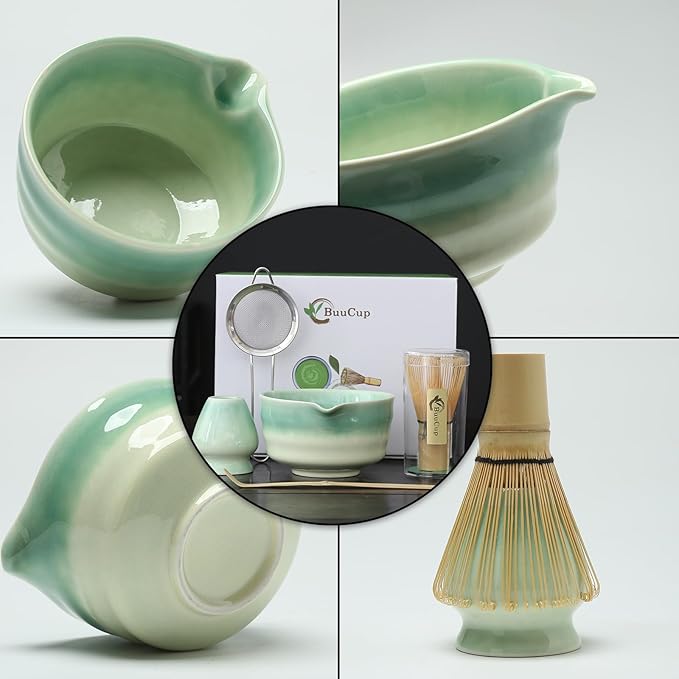 Japanese Matcha Set, Matcha Bowl with Spout, Matcha Whisk and Holder, Bamboo Matcha Scoop and Stainless Steel Sifter - 5 Pcs Gradient Green Matcha Kit for Matcha Lover - Bloomnest