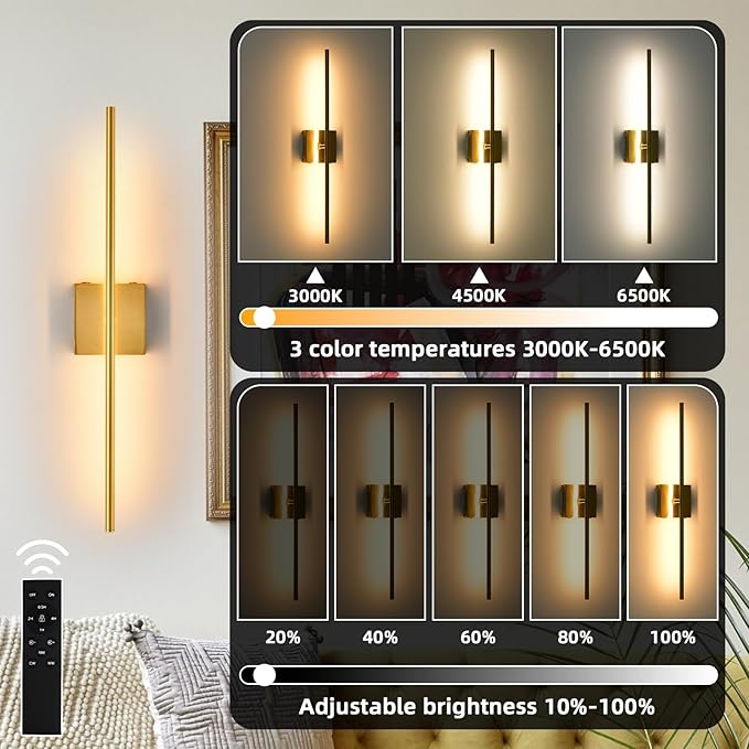 Battery Operated Wall Sconces set of 2, 16000mAh Brushed Gold Rechargeable Wall Sconce with Remote Control, 3000K-6000K Dimmable LED Wireless Wall Light for Living Room Hallway Bedroom Stairs 29 Inchs - Bloomnest