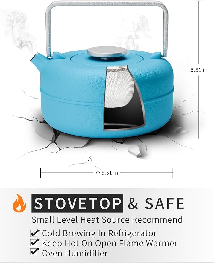 Toptier Teapot with Removable Infuser, Cast Iron Tea Kettle Stovetop Safe, Solid Geometry Cylinder Design Tea Pot Coated with Enameled Interior for 27 Ounce (800 ml), Blue - Bloomnest