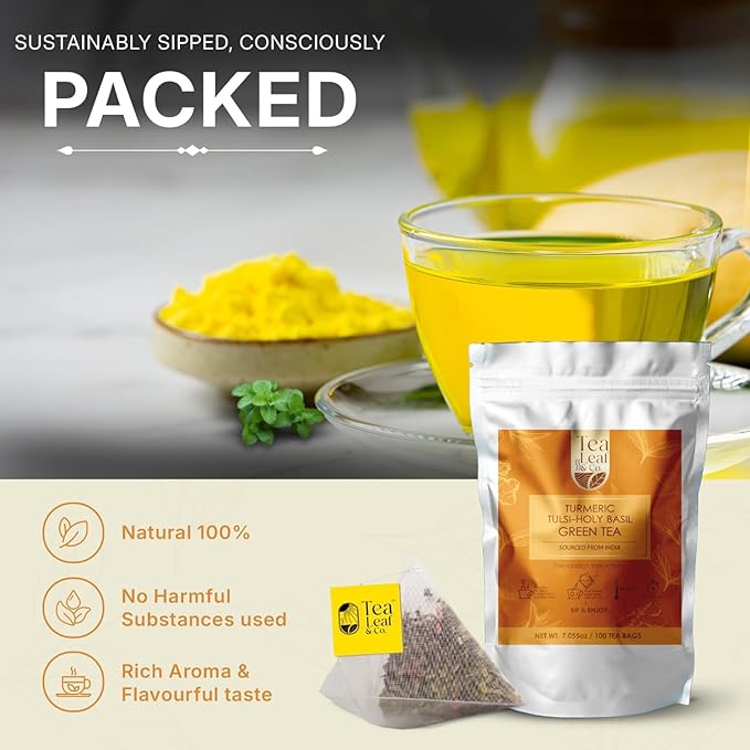 Tealeaf & Co. Turmeric Tulsi Holy Basil Green Tea - Turmeric, Tulsi & Peppermint Tea Blended with Fresh Herbs & Spices - Low Caffeine & Vegan - 100 Teabags (7.055oz/200gm) - Bloomnest