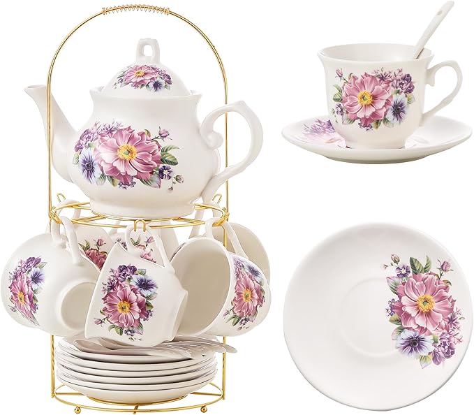 20-Pieces Tea Set For Adult with Golden Metal Rack,Porcelain Tea Sets For Women,Tea Gift Sets for Home&Party(K018) - Bloomnest