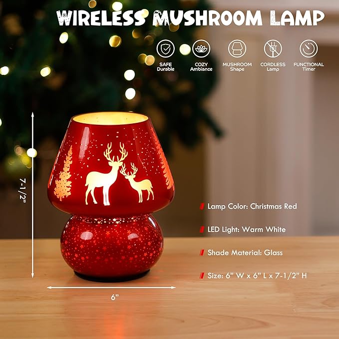 Christmas Battery Operated Mushroom Lamp - Vintage Small Table Lamp with Timer, Cordless Bedside Nightstand Lamp, Glass Battery Powered Lamp for Bedroom Kitchen Living Room Decor Aesthetic - Bloomnest