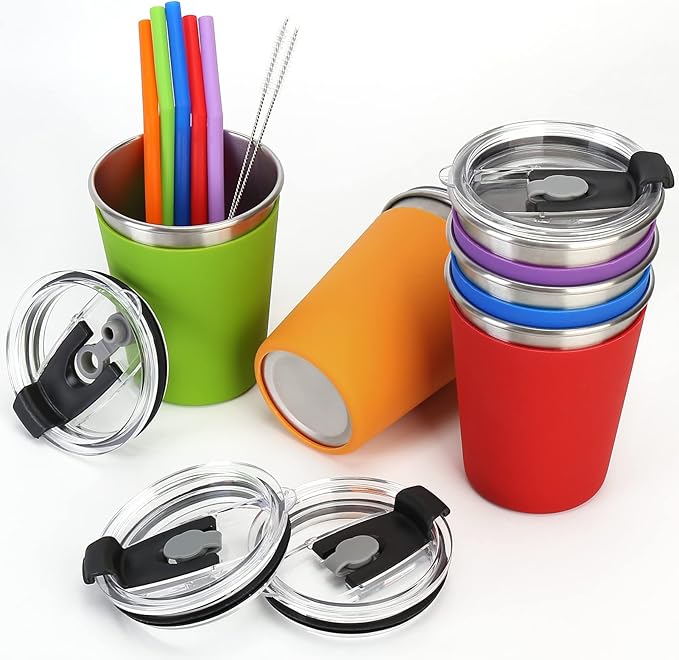 5Pack Kids Cups with Straws and Lids Spill Proof, 12oz Toddler Straw Cups with Colorful Silicone Sleeves, Unbreakable Stainless Steel Water Tumblers for Cold & Hot Drinks - Bloomnest