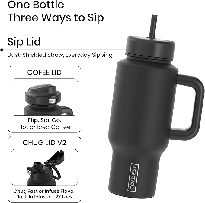 Coldest Tumbler with Handle and Coffee Lid - 100% Spill Proof Tumbler with Straw (3 Lids) - Stainless Steel Insulated Leakproof Tumblers for Women & Men - Cup Holder Friendly - 24 oz (Stealth Black) - Bloomnest