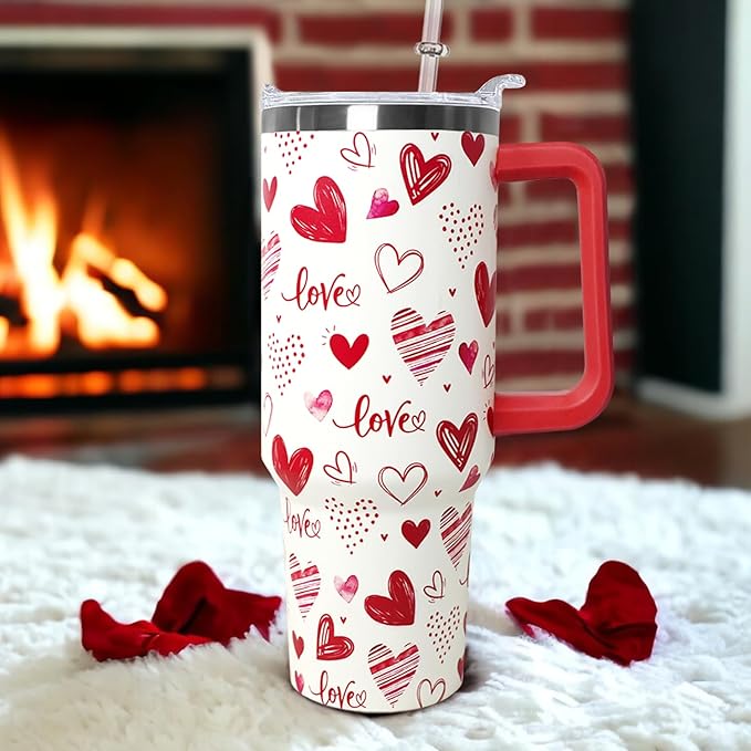 Ceovfoi Love Tumbler 40 Oz Valentine Heart Tumbler With Handle,Valentine's Day Coffee Travel Mug Cup Water Bottle,Heart Decor,Valentine's Gifts for Wife Girlfriend Bride - Bloomnest