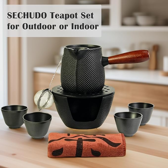 600ml Cast Iron Teapot Set, Japanese Tea Kettle for Stovetop without Lid, 20.3 fl oz Tea Set with Stainless Steel Teacups and Cast Iron Tea Warmer, Tea Ball for Loose Leaf, Wooden Side-handle - Bloomnest