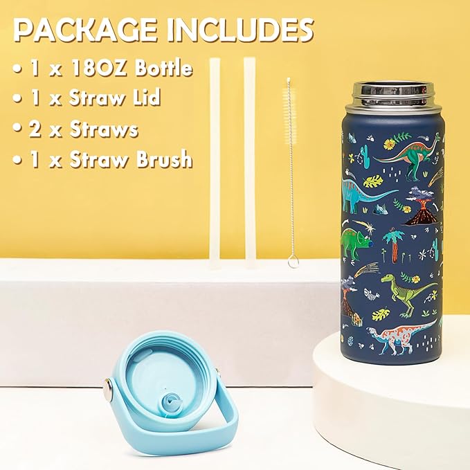 18oz Kids Insulated Water Bottle with Straw Lid - 18/8 Stainless Steel Kid Cup BPA-FREE Travel Tumbler Double Wall Vacuum Leak Proof Portable Toddler Water Bottle(Dinosaur) - Bloomnest