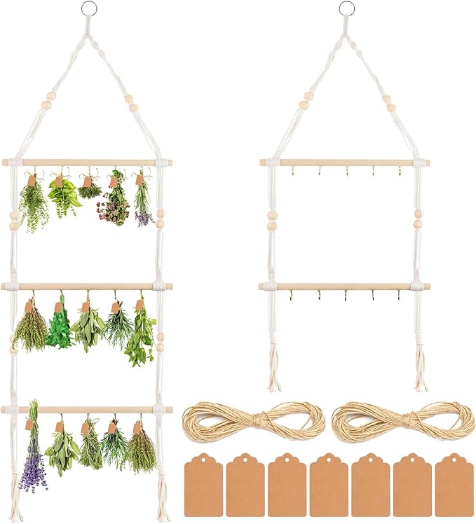 2 Pack Herb Drying Rack Flower Drying with 100 Brown Gift Tags and 160ft Natural Jute Twine, Hanging Herb Dryer Rack Drying Herb Dryer Rack(2 Tier and 3 Tier) - Bloomnest