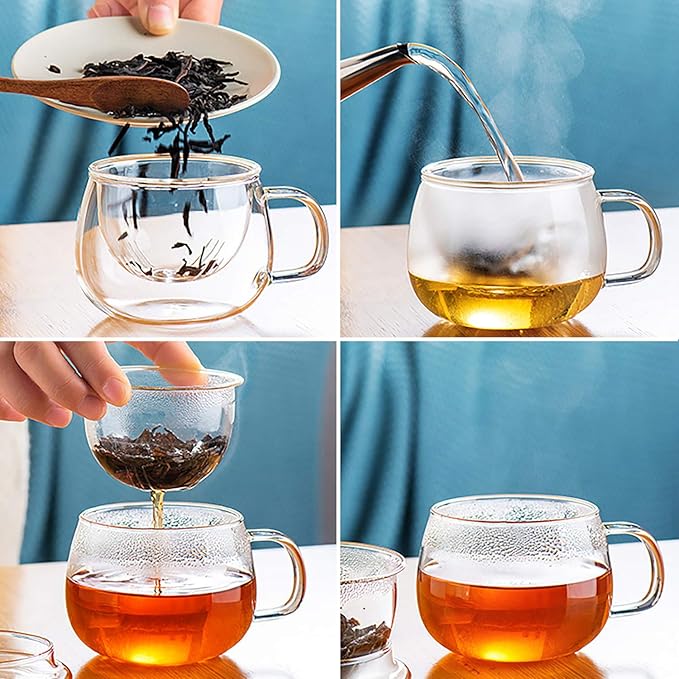 Lezero 13oz Tea Infuser Cups Kits, Glass Mugs with Filter Basket and Lid for Loose leaf Tea Brewing, Heat Resistant, Lead-free, Microwave & Dishwasher Safe - Bloomnest