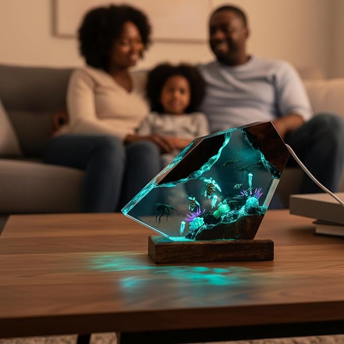 Handmade 3D Ocean Resin Lamp, Epoxy Ocean Night Light with Wooden Base, LED Color Changing Table Lamp, USB Powered Dragons Decor, Unique Ocean Gift for Bedroom & Home Office (Octopus) - Bloomnest
