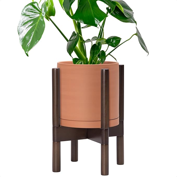 D'vine Dev Terracotta Planter with Walnut Color Stand - 8 Inch Modern Round Flower Pot with Wood Planter Holder, Terracotta, 55-B-Y-5 - Bloomnest
