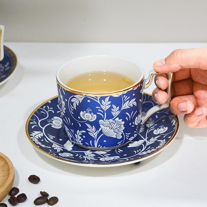 ACMLIFE Bone China Tea Cups and Saucers Set of 4, 6.8 oz Blue and White Tea Cups Set of 4, with Gold Trim and Gift Box (Blue-4) - Bloomnest