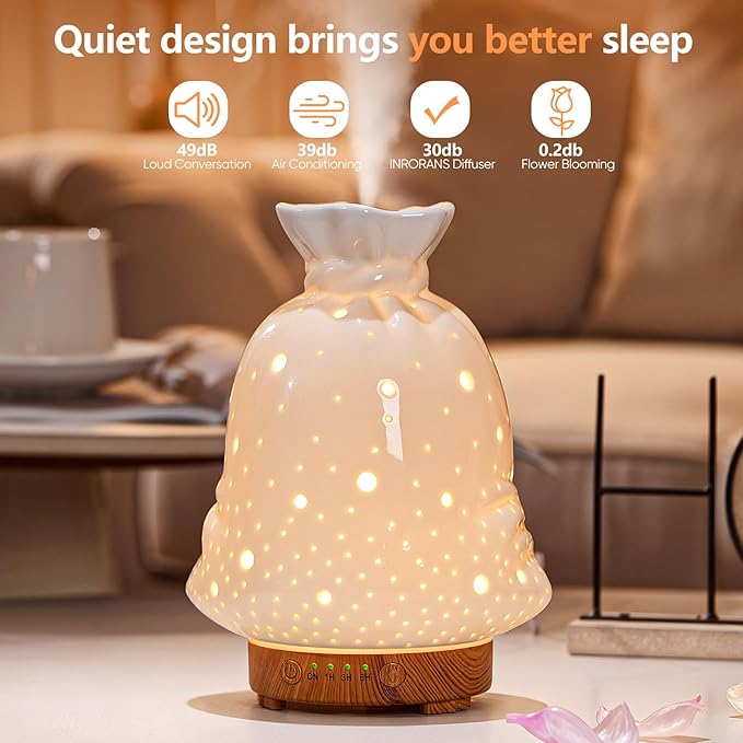 160ML Ceramic Diffuser for Essential Oils Lucky Bag Aromatherapy Diffuser Ultrasonic Cool Mist Humidifier with Intermittent Mist Modes Waterless Auto Off for Room Office - Bloomnest