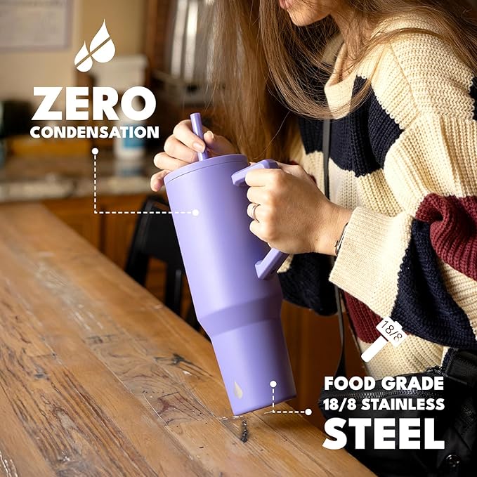 Elemental 40 oz Tumbler with Handle and Straw - Spill Proof Insulated Stainless Steel Commuter for Hot and Cold Beverages - Travel Coffee Mug with 2 Straws & Spill Proof Lid - 40oz - Lavender - Bloomnest
