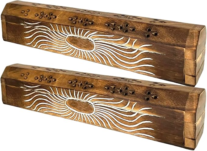 2 Pack Wooden Coffin Incense Sticks Burner - 12 Inches Carved - Storage Compartment, Carved Sun - Bloomnest