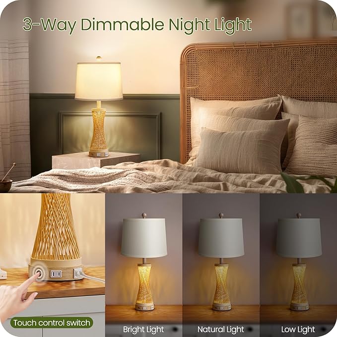 24.4”Farmhouse Rattan Table Lamps Set of 2, Touch Bedside Lamps for Bedroom with 3-Way Dimmable Night Light, USB A+C Charging Ports, Bamboo Boho Nightstand Lamps, White, W04TC05 - Bloomnest