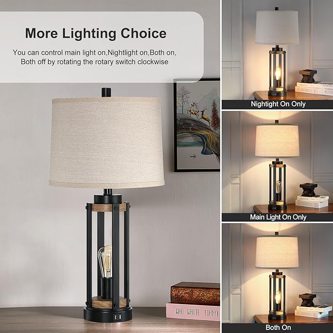 Farmhouse Table Lamps for Living Room Set of 2, 26” Rustic Beside Lamps with USB Charging Ports and Night Light, Bedroom Nightstand Lamp Vintage Reading Lamps for End Table,Bulbs Included - Bloomnest
